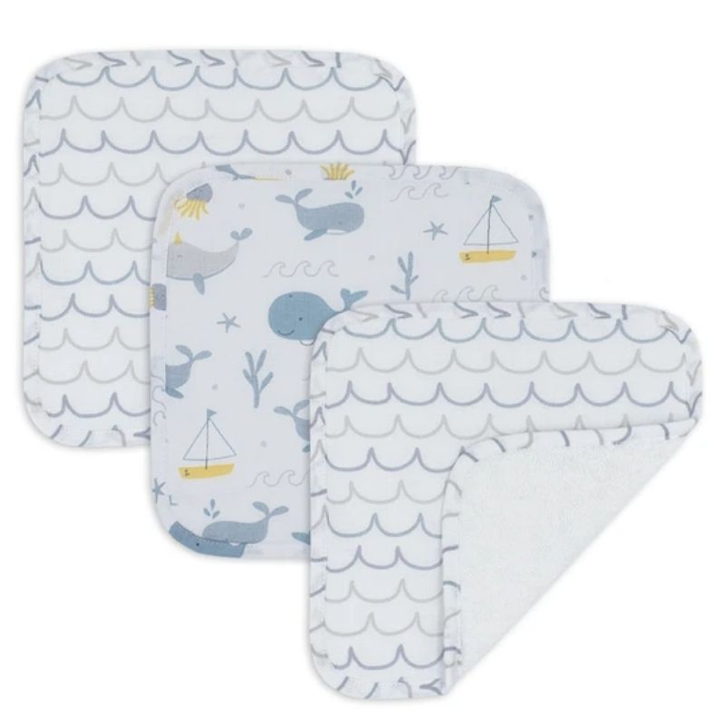 3 Pack Muslin Wash Cloths Whale of a Time