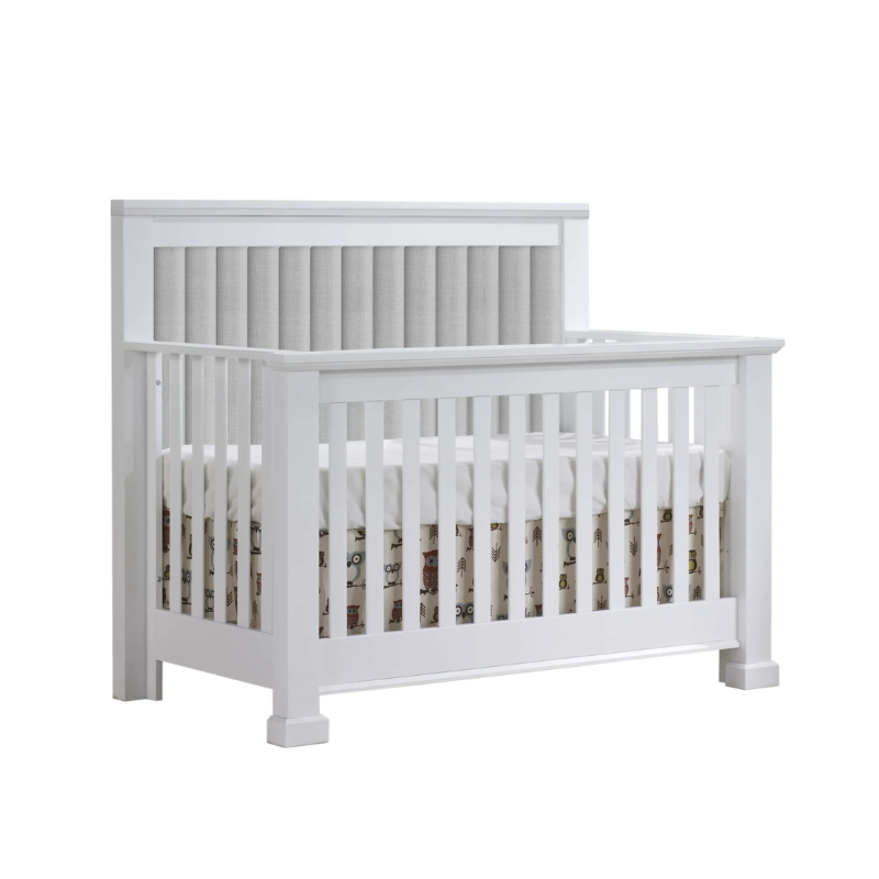 Natart Taylor 5 in 1 Convertible Crib with Fabric Panel Graphite with Channel Tufted Talc Linen