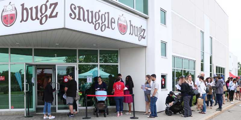 Line-up of customers outside Snuggle Bugz head office