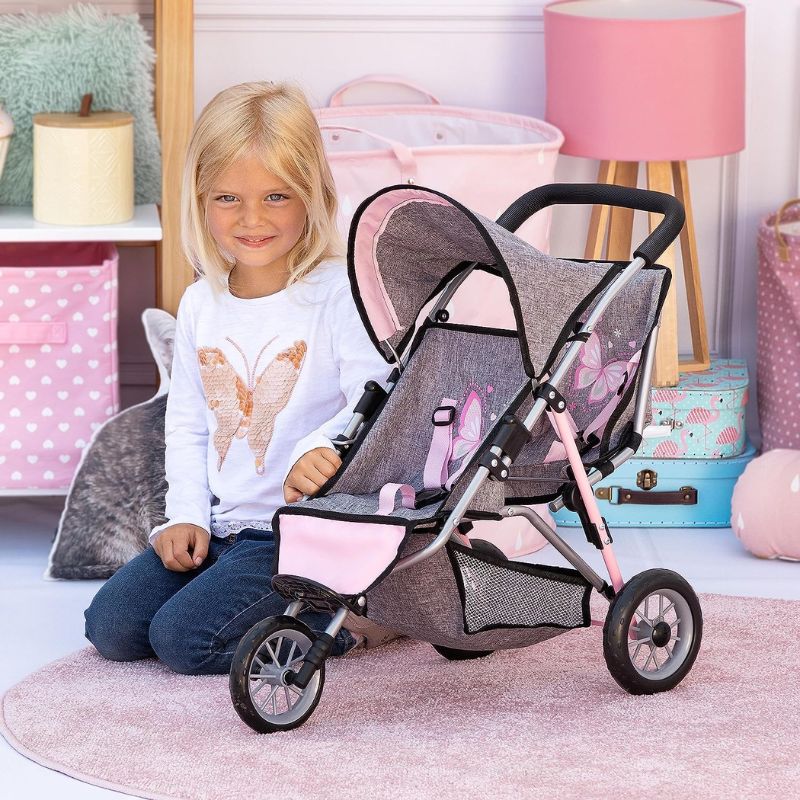 BAYER Design DUO TWIN 3 WHEELS DOLLS PRAM BUTTERFLY