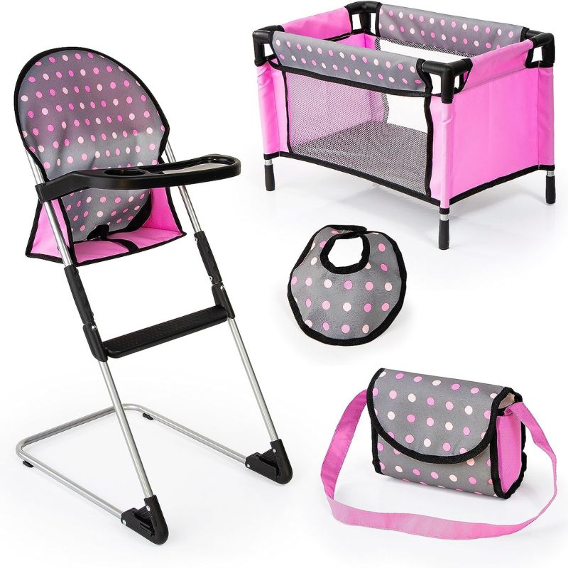 Doll's High Chair and Travel Bed Set - Polka Dots