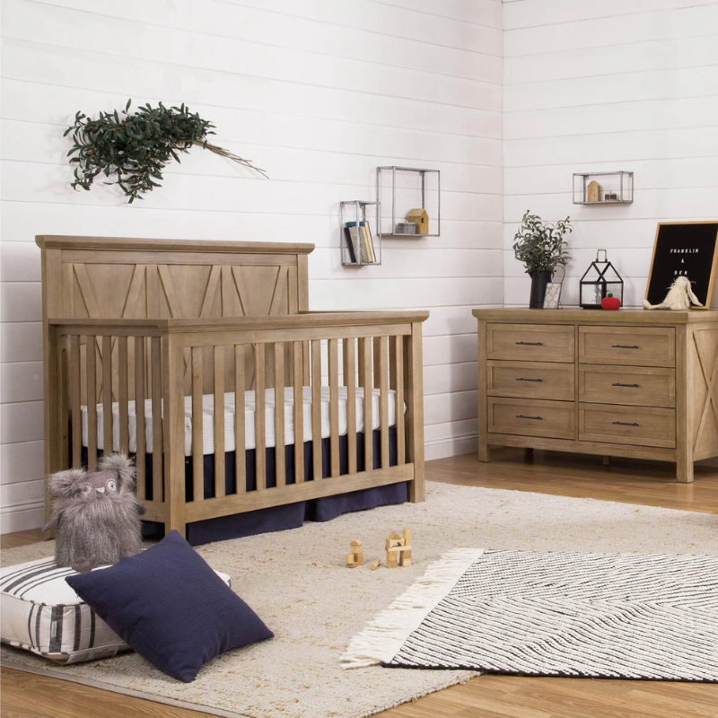 Emory Farmhouse 4-in-1 Convertible Crib by Monogram by Namesake at $899! Shop now at Nestled by Snuggle Bugz for Cribs.