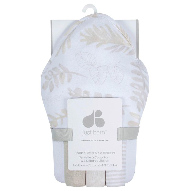 4-Piece Baby Hooded Towel & Washcloth Set Natural Leaves