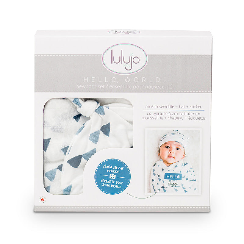 Hello World Swaddle & Knotted Hat Set navy triangles