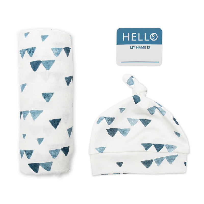 Hello World Swaddle & Knotted Hat Set Navy Triangles