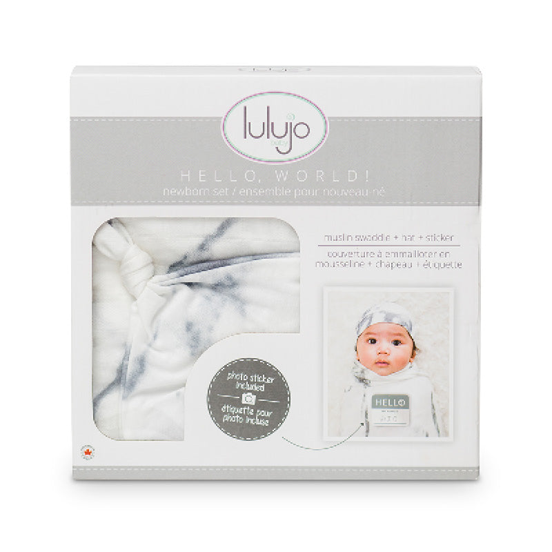 Hello World Swaddle & Knotted Hat Set marble