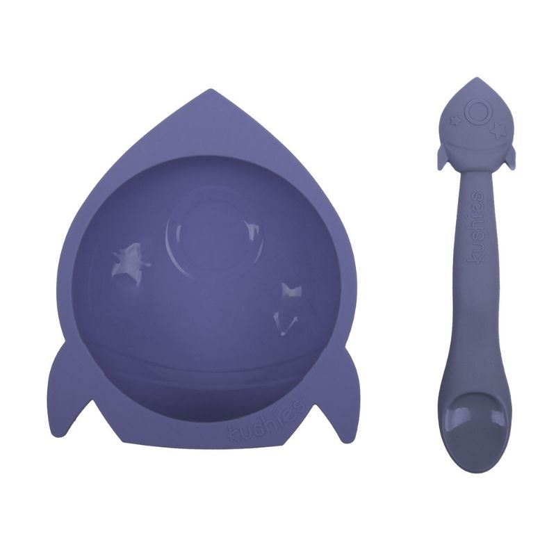 Silibowl and Spoon Set Mineral Blue Rocket