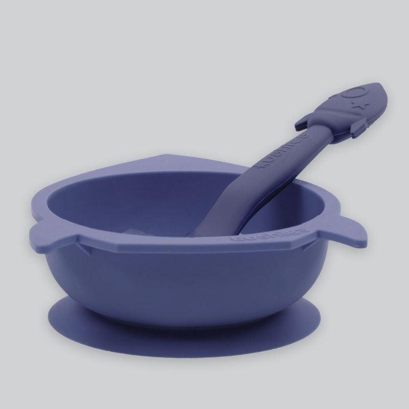 Silibowl and Spoon Set Mineral Blue Rocket