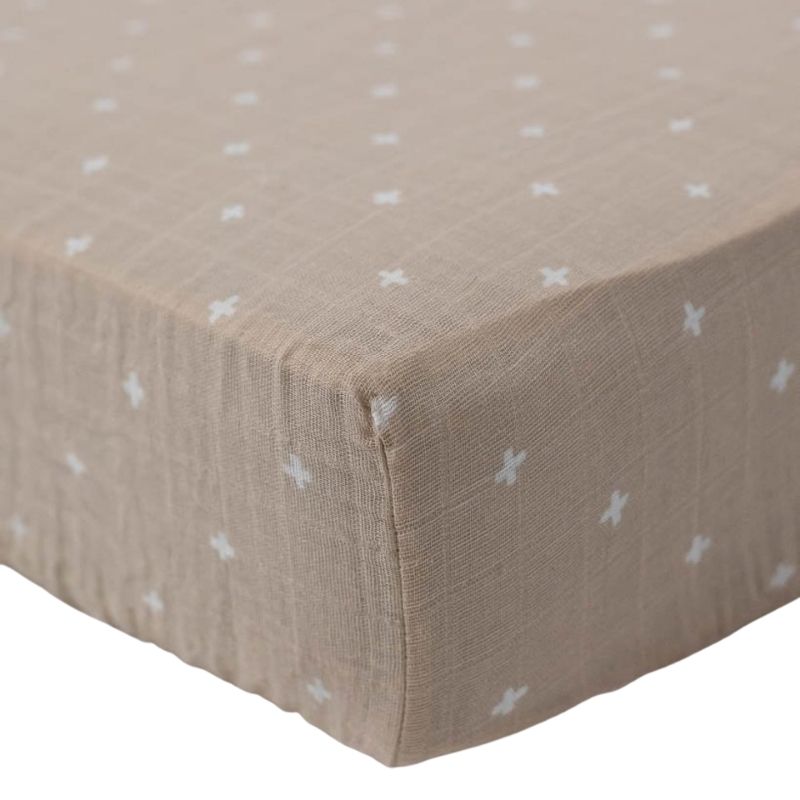 Cotton Muslin Crib Sheets Taupe Cross