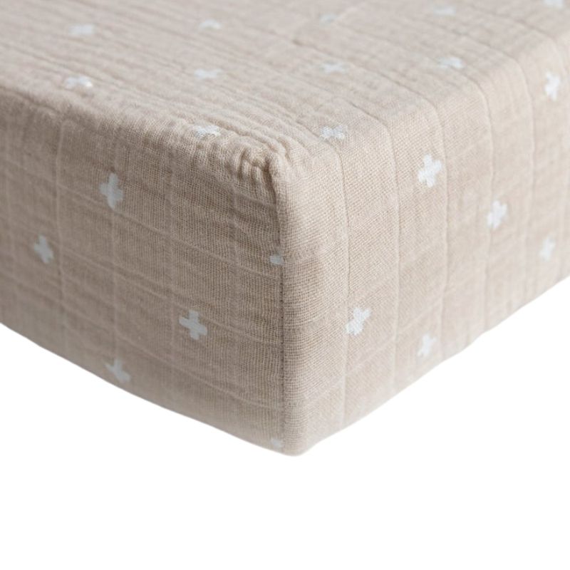 Cotton Muslin Change Pad Cover Taupe Cross