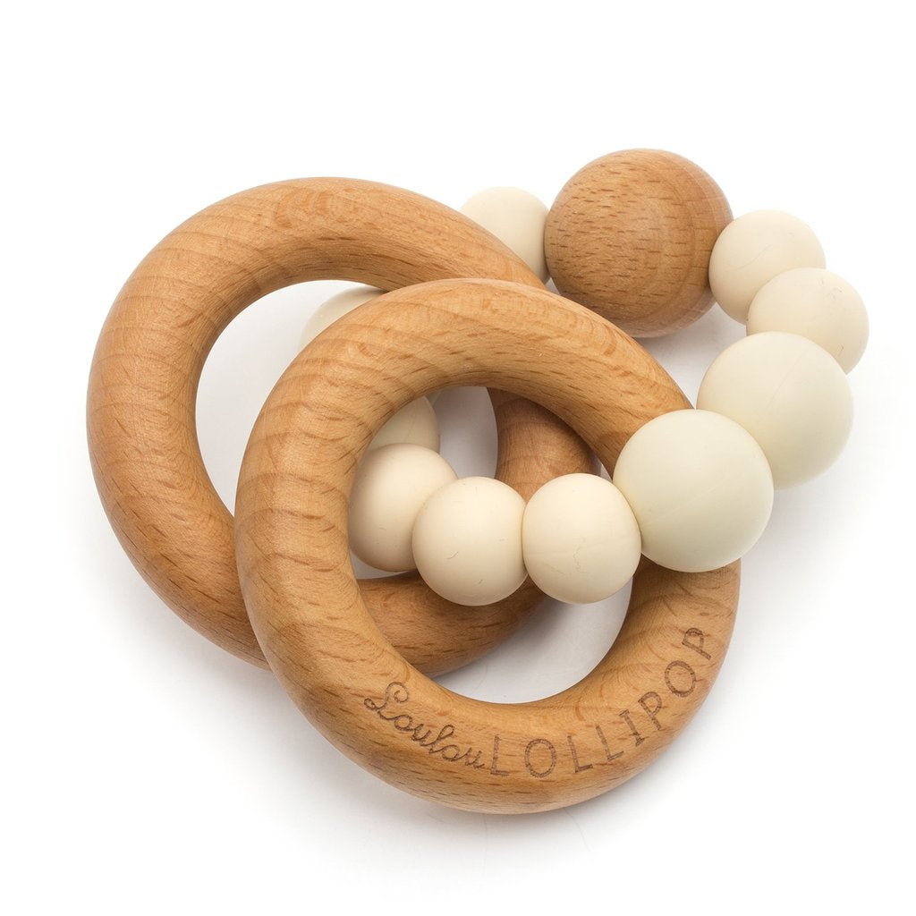 Wood and Silicone Rattle Teether Beige
