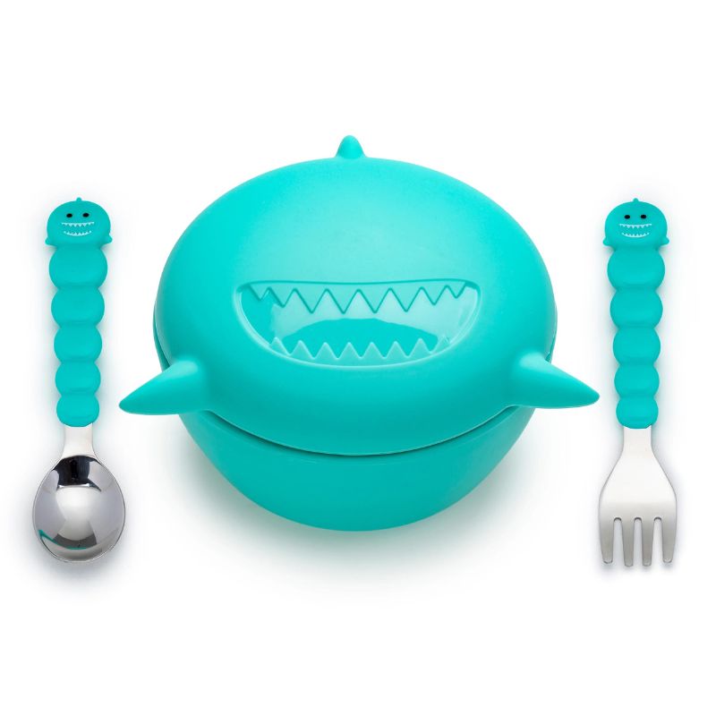 Silicone Animal Bowl with Lid and Utensils Shark