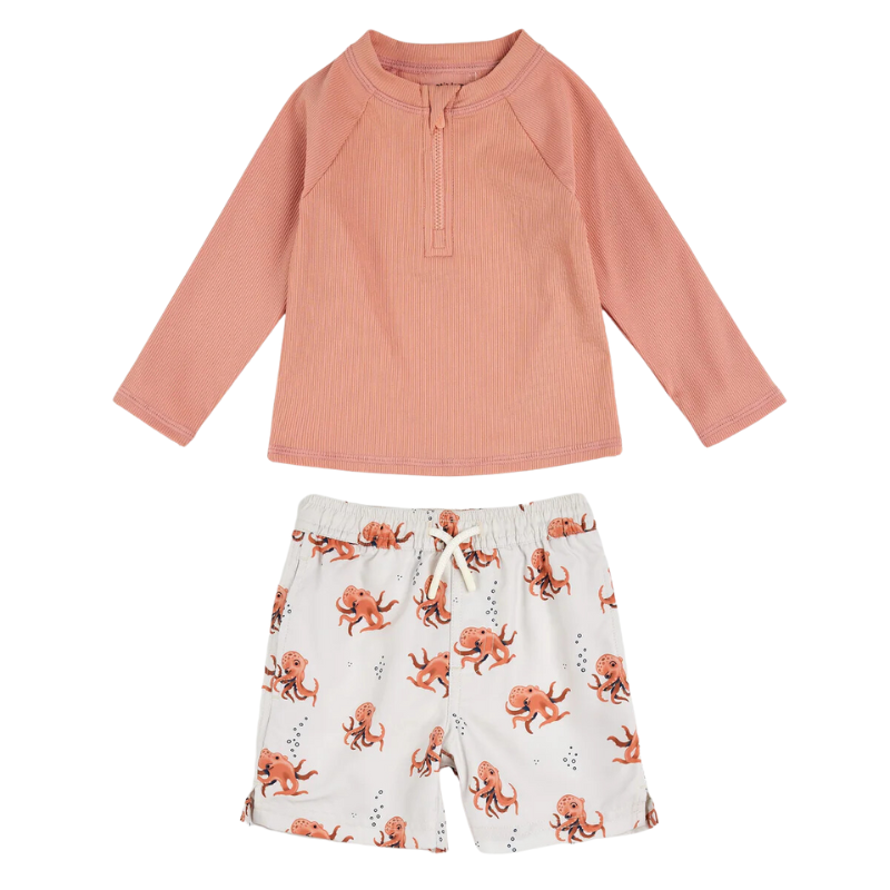 Ribbed Long-Sleeve Rashguard Set With Swim Shorts