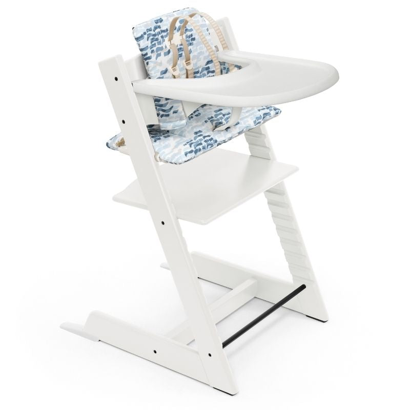 Tripp Trapp High Chair & Cushion with Tray​ White with Waves Blue