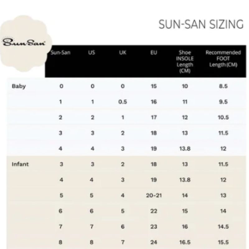 Sun sandals size outlet chart