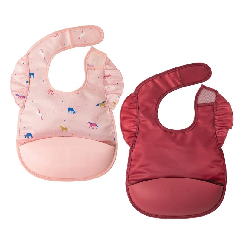 Mess-proof Silicone Pocket Bibs - 2 Pack Unicorn Confetti/Burgundy