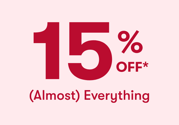 Red 15% off text on a light pink background